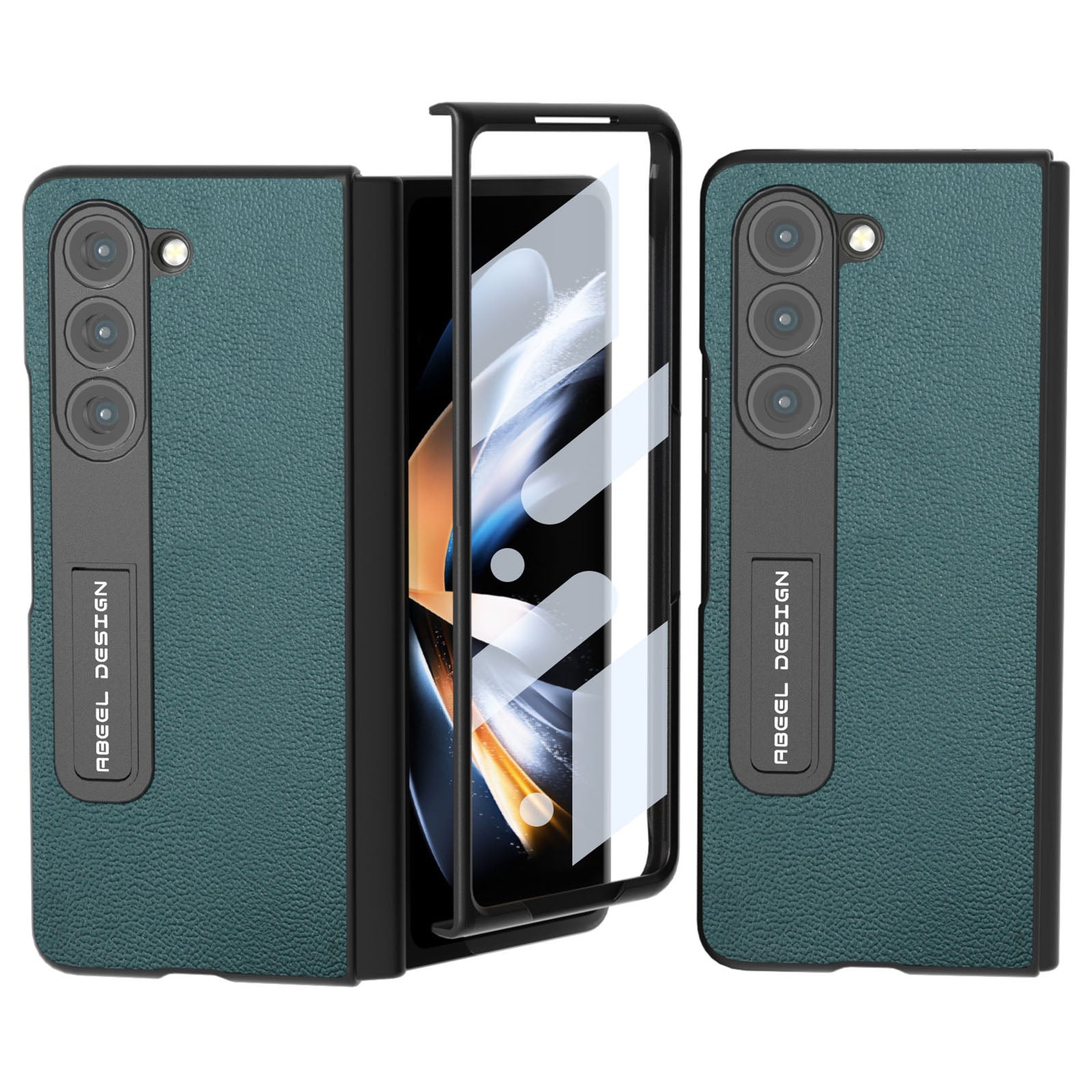 ABEEL For Samsung Galaxy Z Fold5 5G Genuine Cow Leather PC Back Cover Litchi Texture Kickstand Phone Case with Front Screen Film ABEEL For Samsung Galaxy Z Fold5 5G Genuine Cow Leather PC Back Cover Litchi Texture Kickstand Phone Case with Front Screen Film